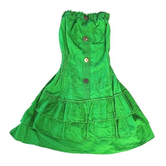 Strapless Green Embroidered Smocked Sundress Dress XS - Picture 3 of 7